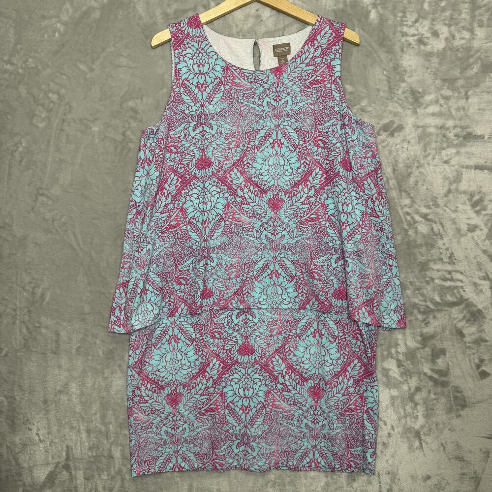Chicos Dress Womens M Blue Pink Jersey Knit Floral Sleeveless Keyhole Stretch
